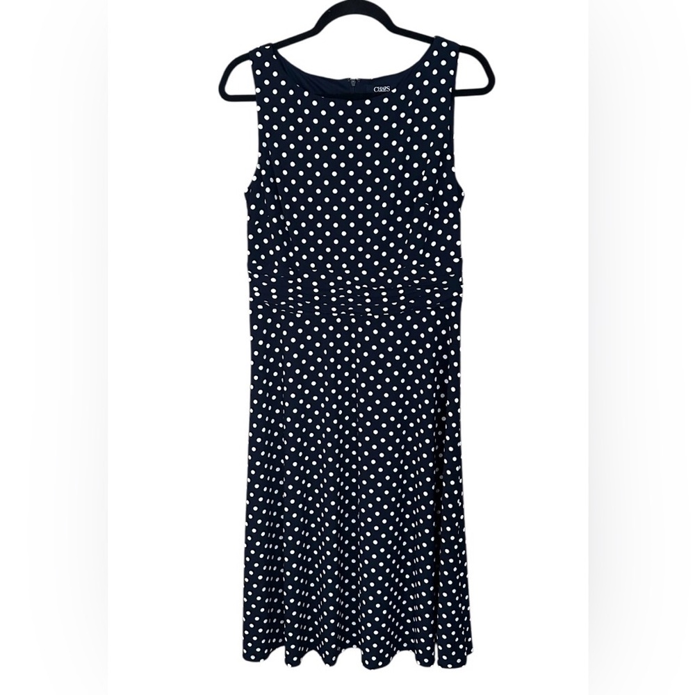 Chaps Navy Polka Dot Fit & Flare Dress Women L Sleeveless Midi Retro Classic